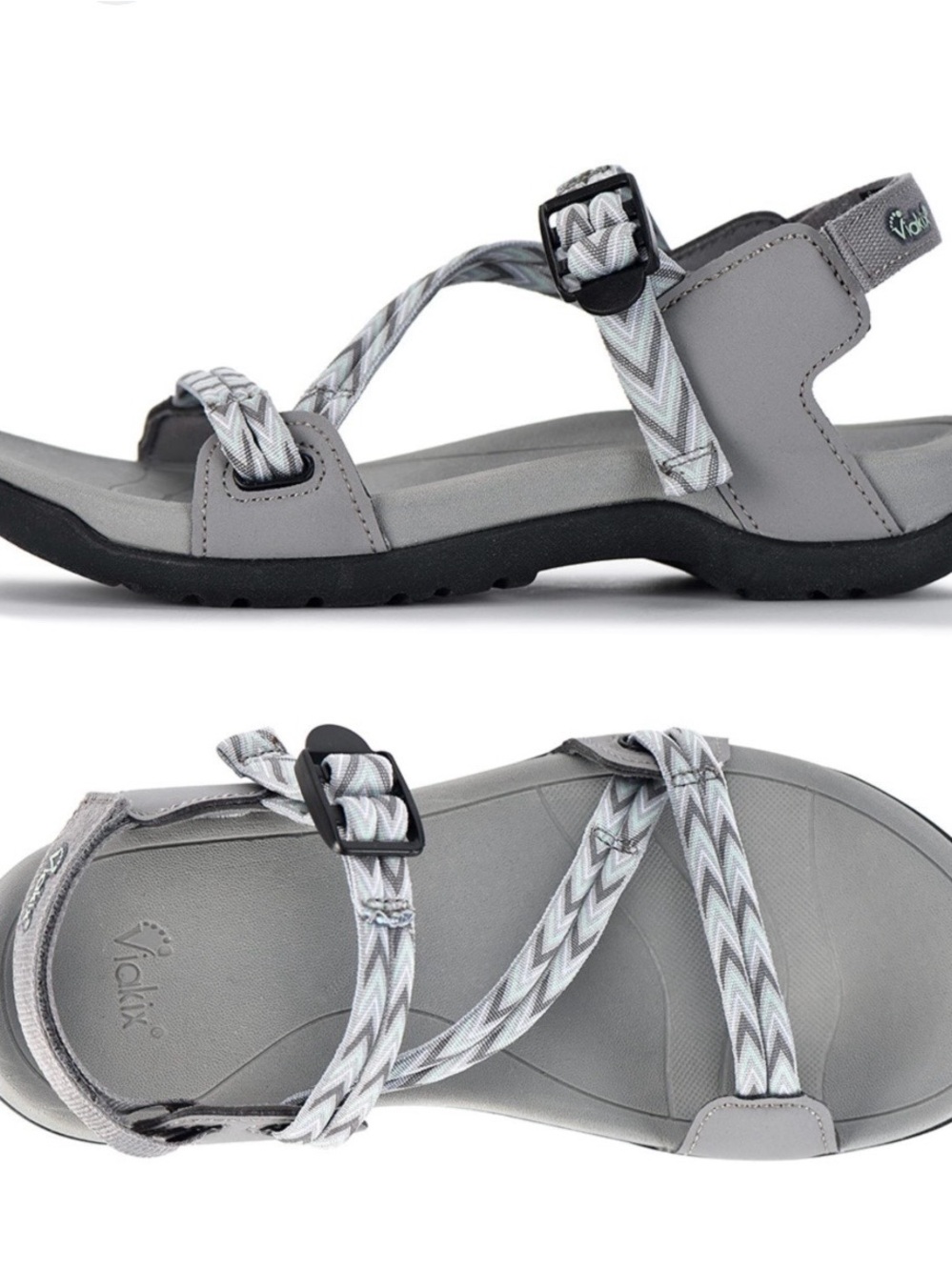 Viakix Gray Chevron Strap Women's Sandals with Adjustable Buckles